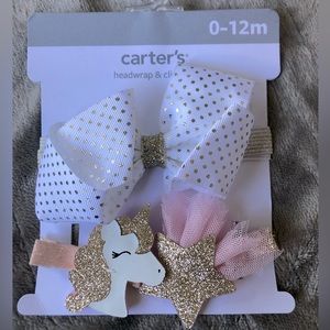 Three Pack Hair Accessories Unicorn Clip, Gold Star Clip, White Gold Bow, 0-12mo